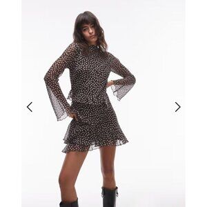 Topshop Chocolate Brown Polka Dot Chiffon Ruffle Mini Dress Size 4 NWOT